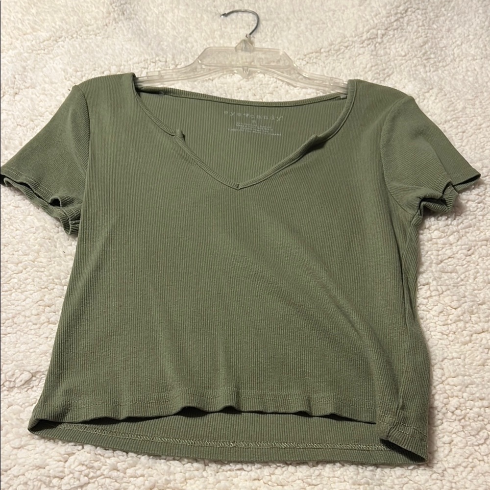 Olive Green V-Neck Ribbed Women's Top
